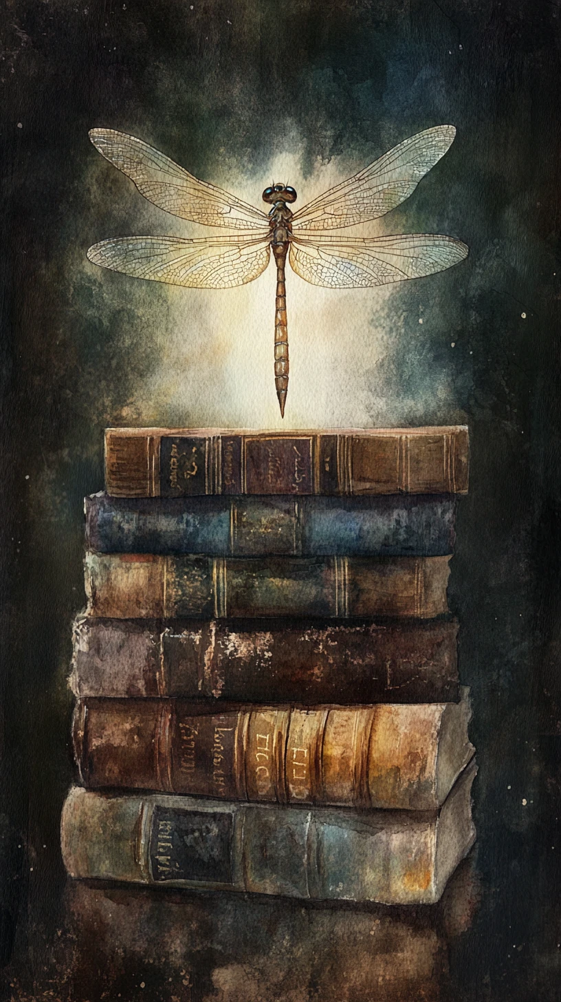 Libellule aquarelle sur livres vintage dans une obscurité lumineuse