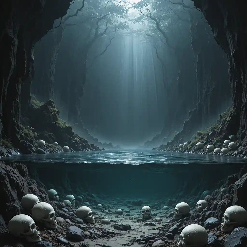 Colored souls and skulls beneath the dark purgatory waters