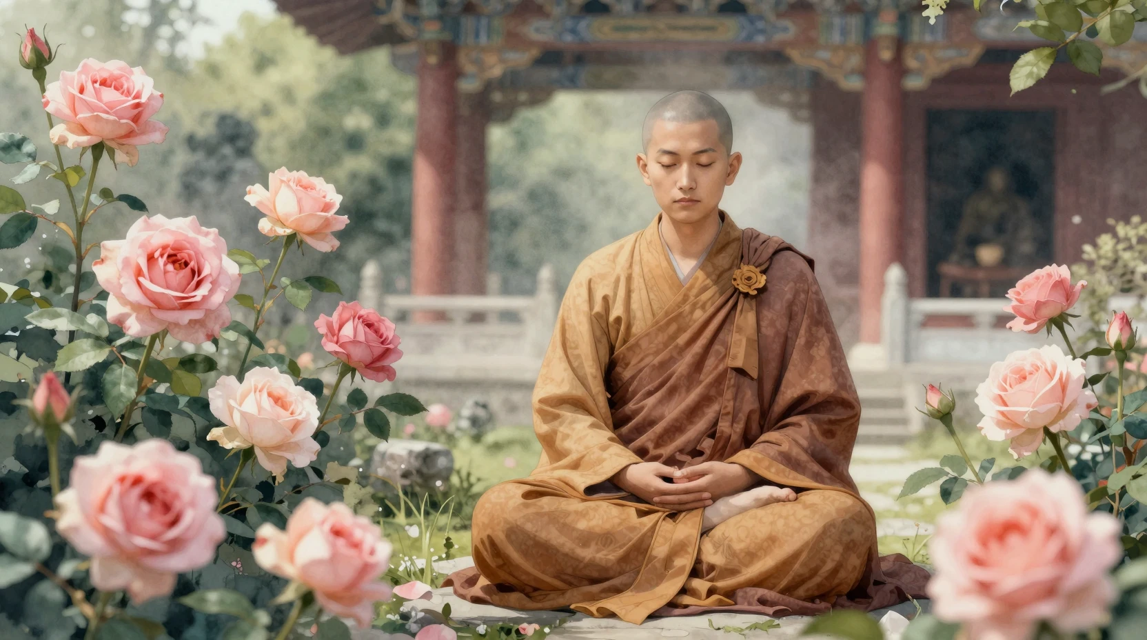 在古老寺院玫瑰花園中打坐冥想的僧侶