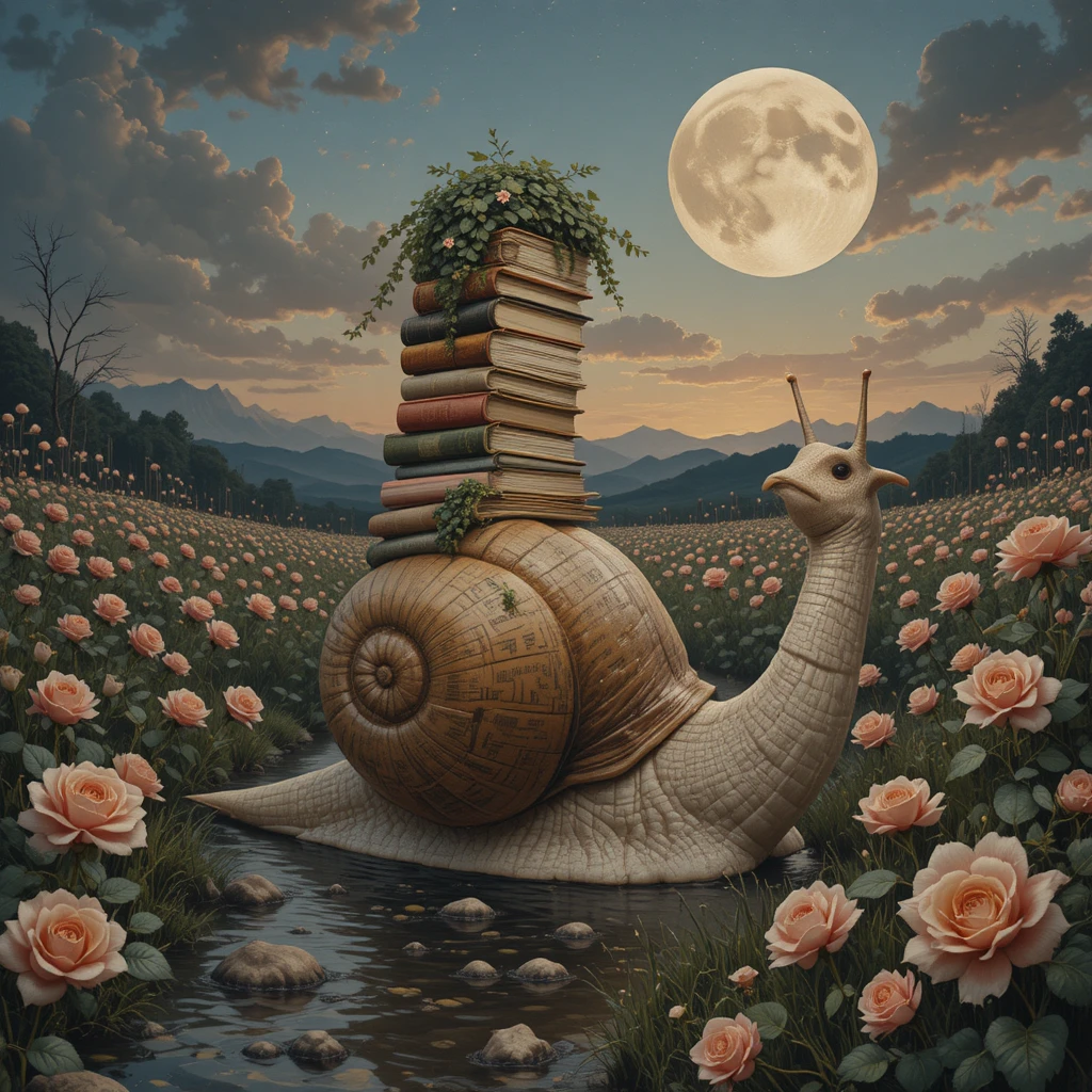 Silhouette surréaliste à tête de livre chevauchant un escargot géant au crépuscule