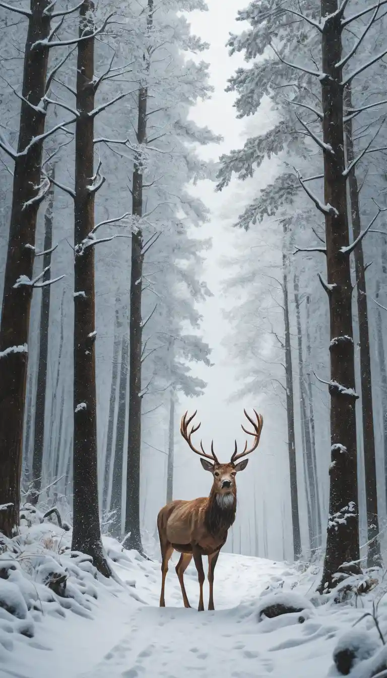 Majestätischer Hirsch, der durch eine verschneite Waldszene läuft