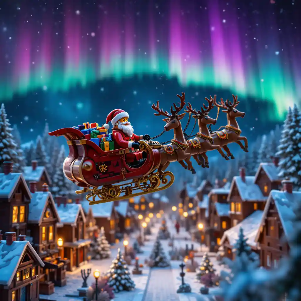 Lego Santa sleigh flying above a snowy city