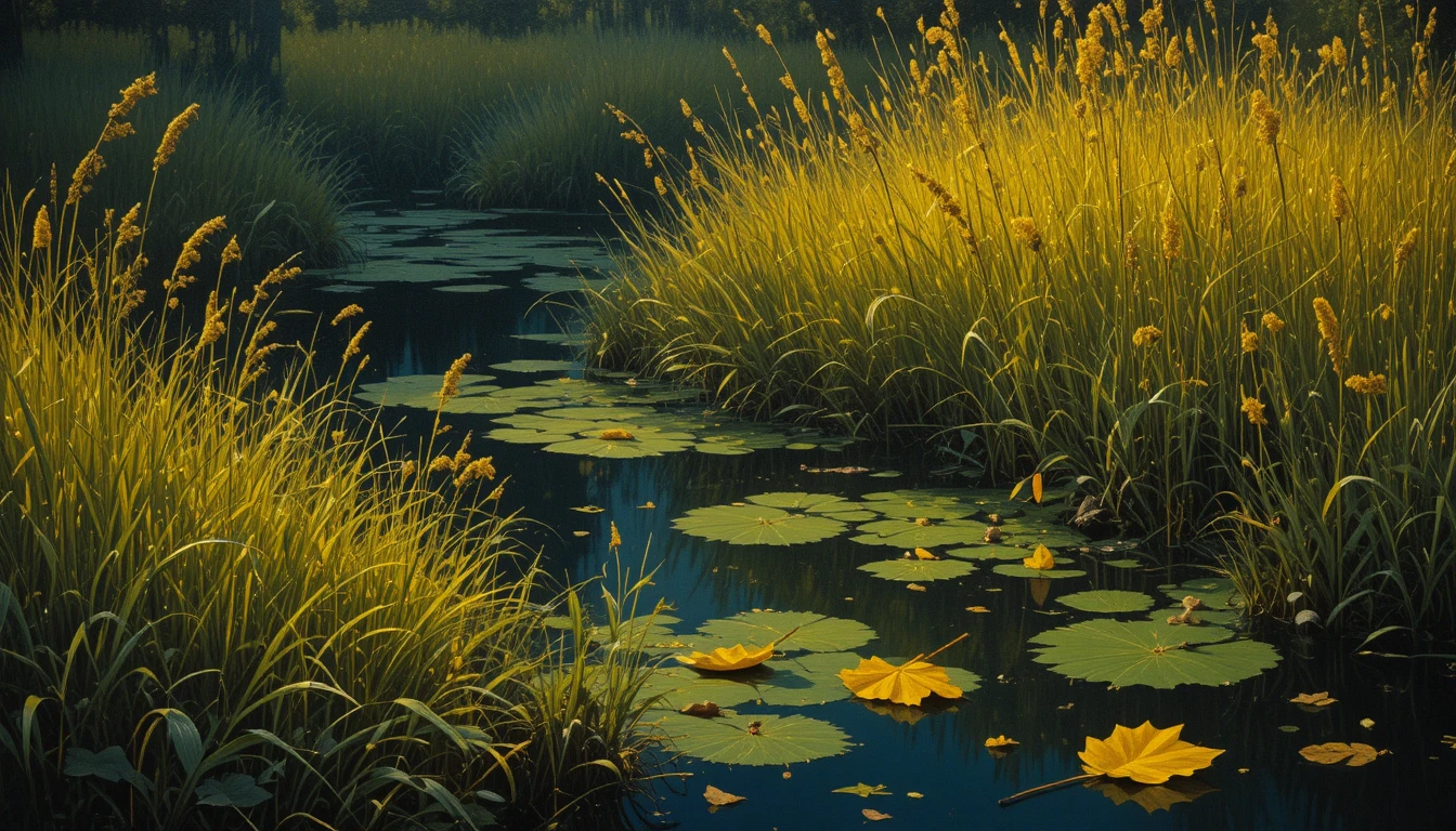 Herbes de marais et roseaux au clair de lune brillant au‑dessus de l’eau sombre