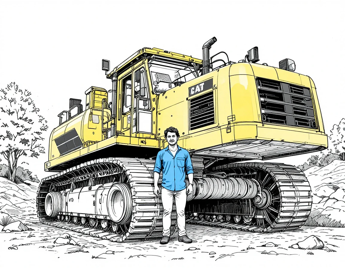 Enorme escavatore giallo con operaio in cantiere
