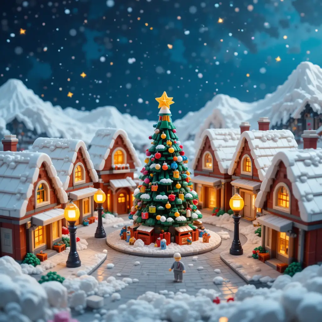Acogedor pueblo navideño de Lego con casas nevadas y árbol