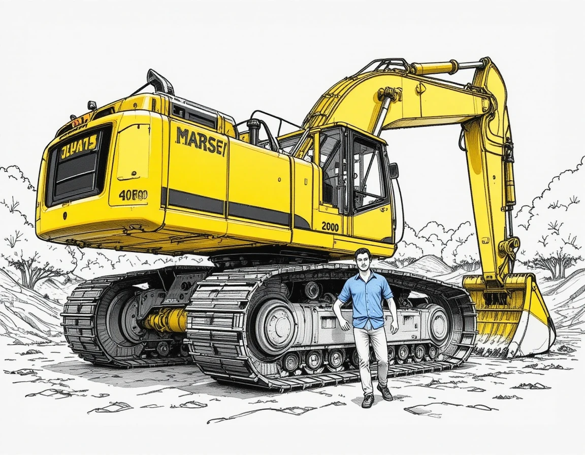 Grande escavatore giallo con operaio in cantiere all'aperto