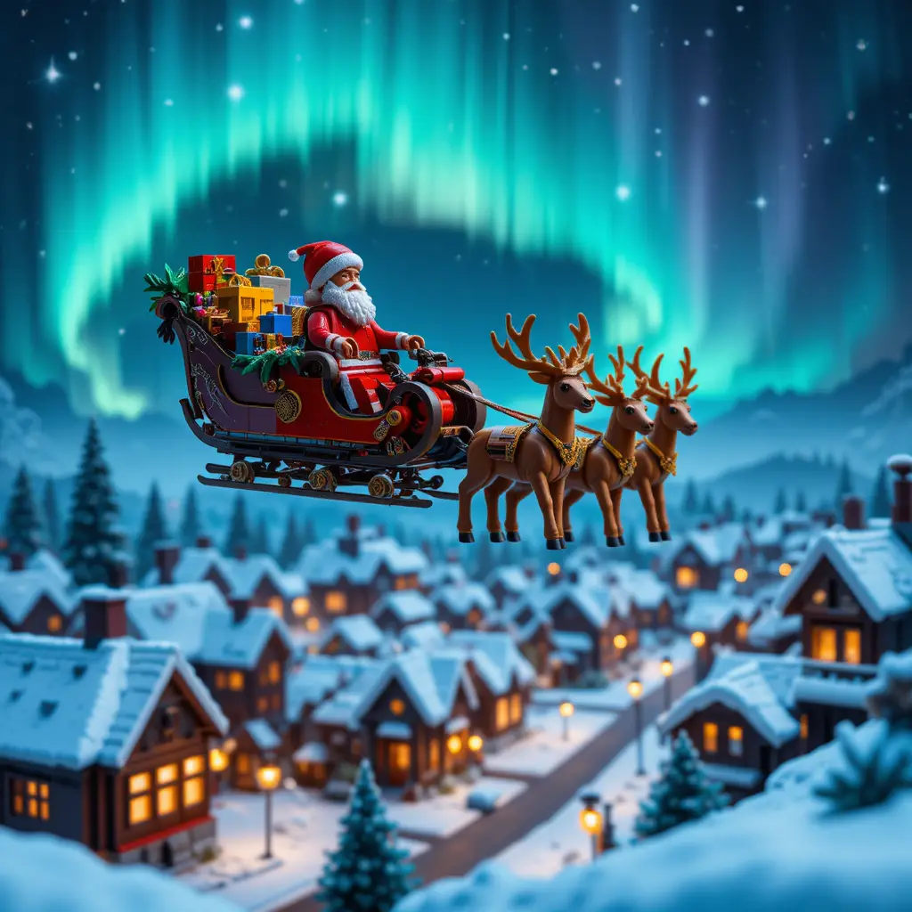 Trenó do Papai Noel de Lego voando sobre uma cidade de inverno nevada