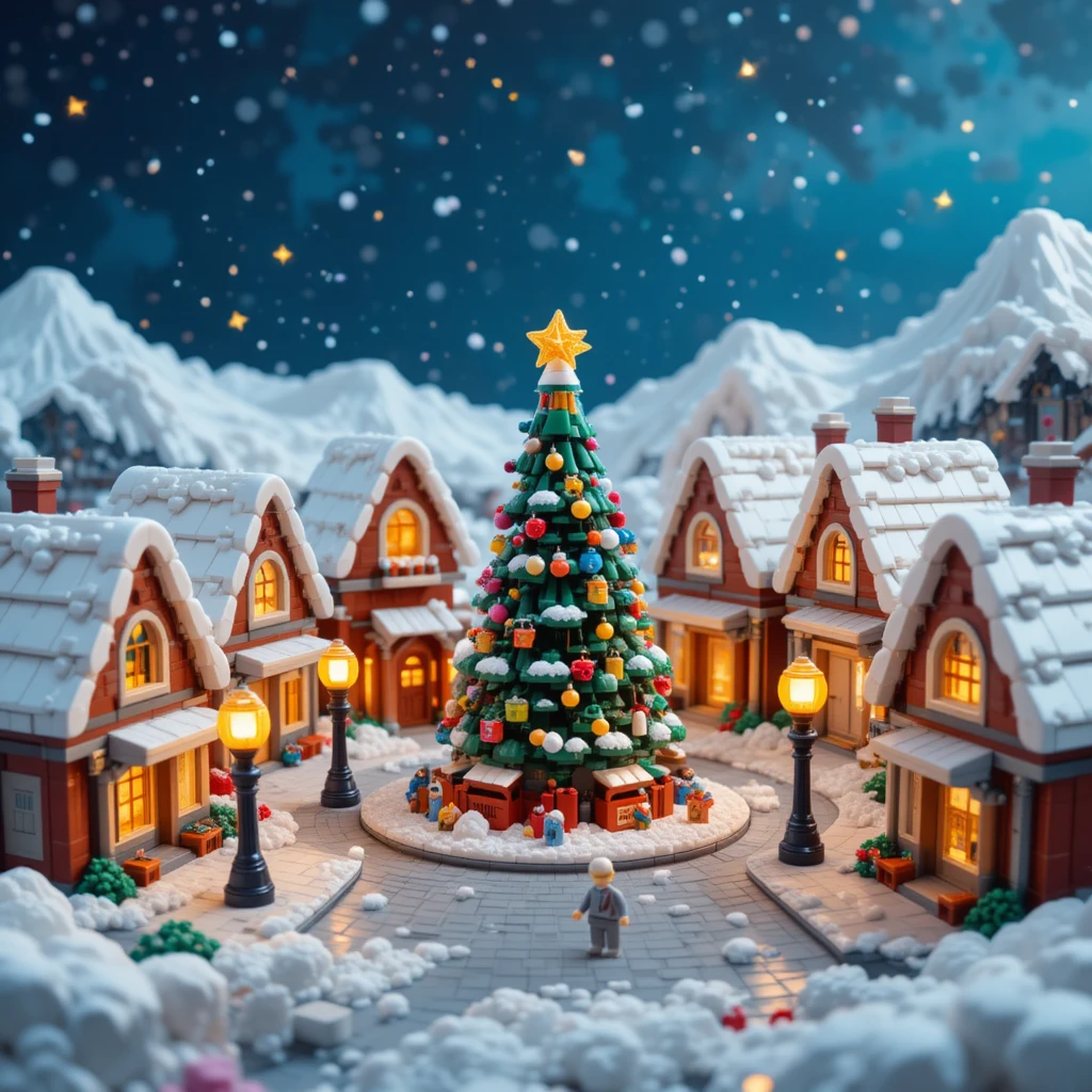 Cozy Lego Christmas village with snowy houses and tree