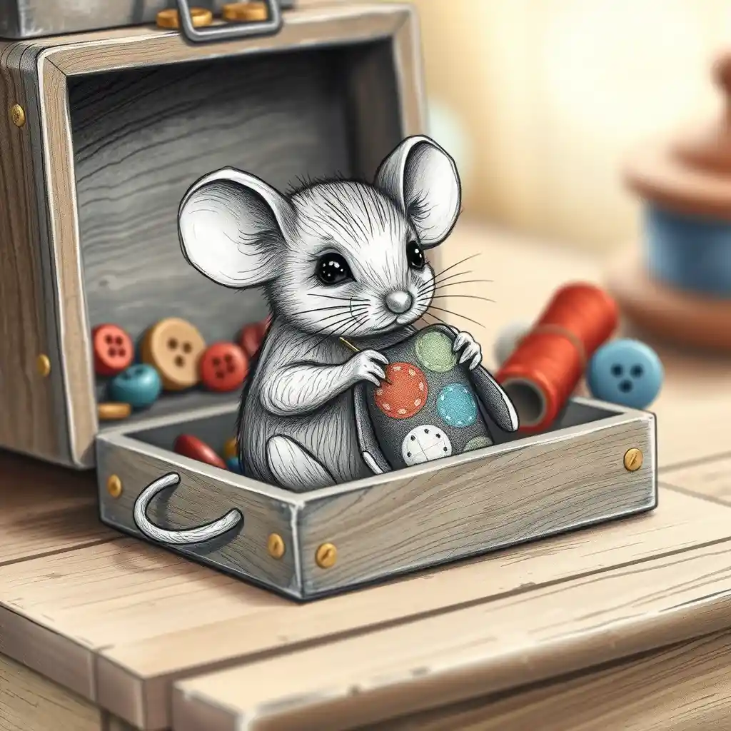 Rato de carvão costurando um brinquedo em uma caixa de costura aconchegante
