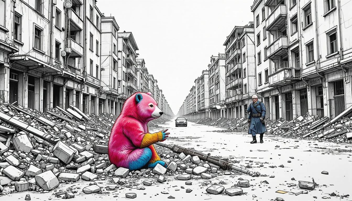 Urso de pelúcia colorido nas ruínas de uma zona de guerra urbana