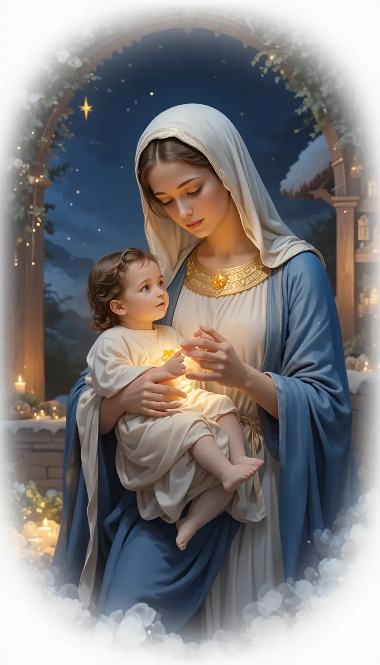 Mary Holding Infant Jesus In A Peaceful Christmas Night Scene