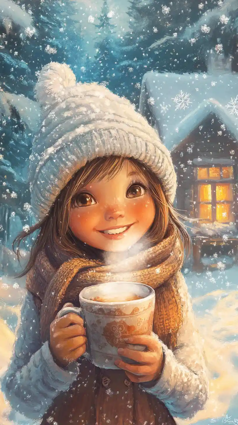 Smiling girl with hot cocoa in gentle winter snowfall