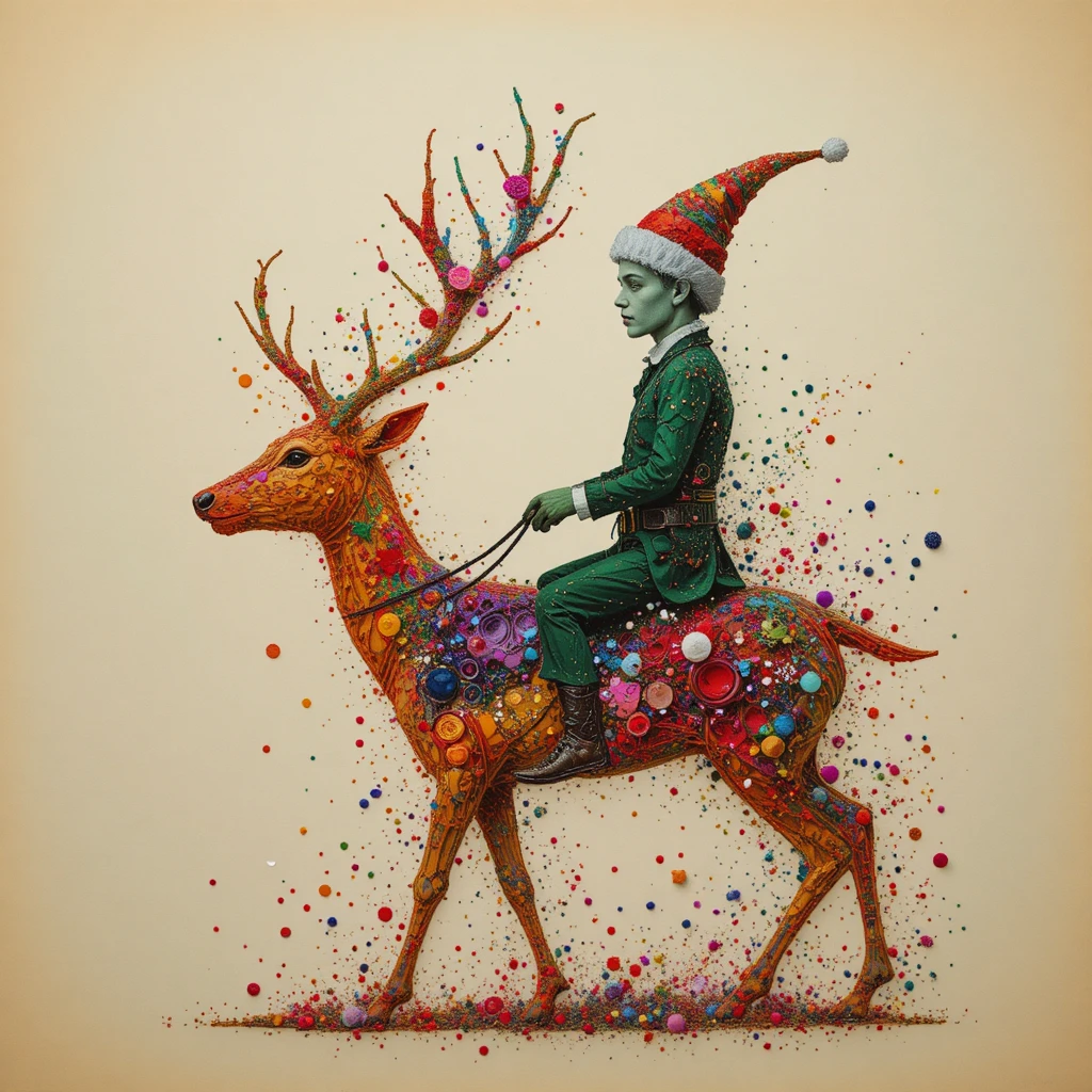 Colorful elf silhouette riding a reindeer on beige background