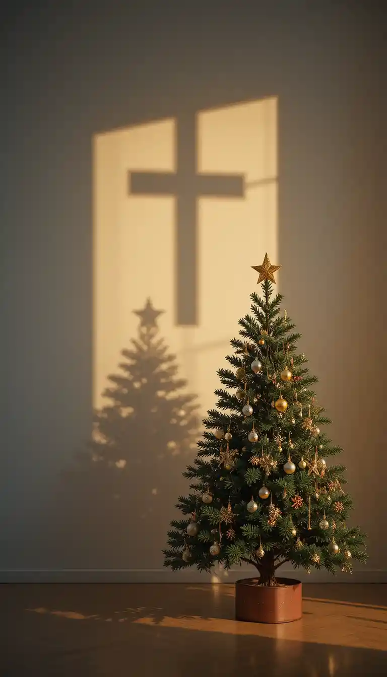 Albero di Natale che proietta una sottile ombra a forma di croce in penombra