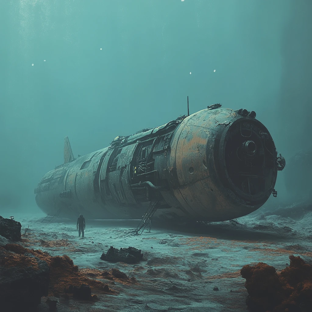 Submersible Wreck Resting On An Alien Ocean Floor