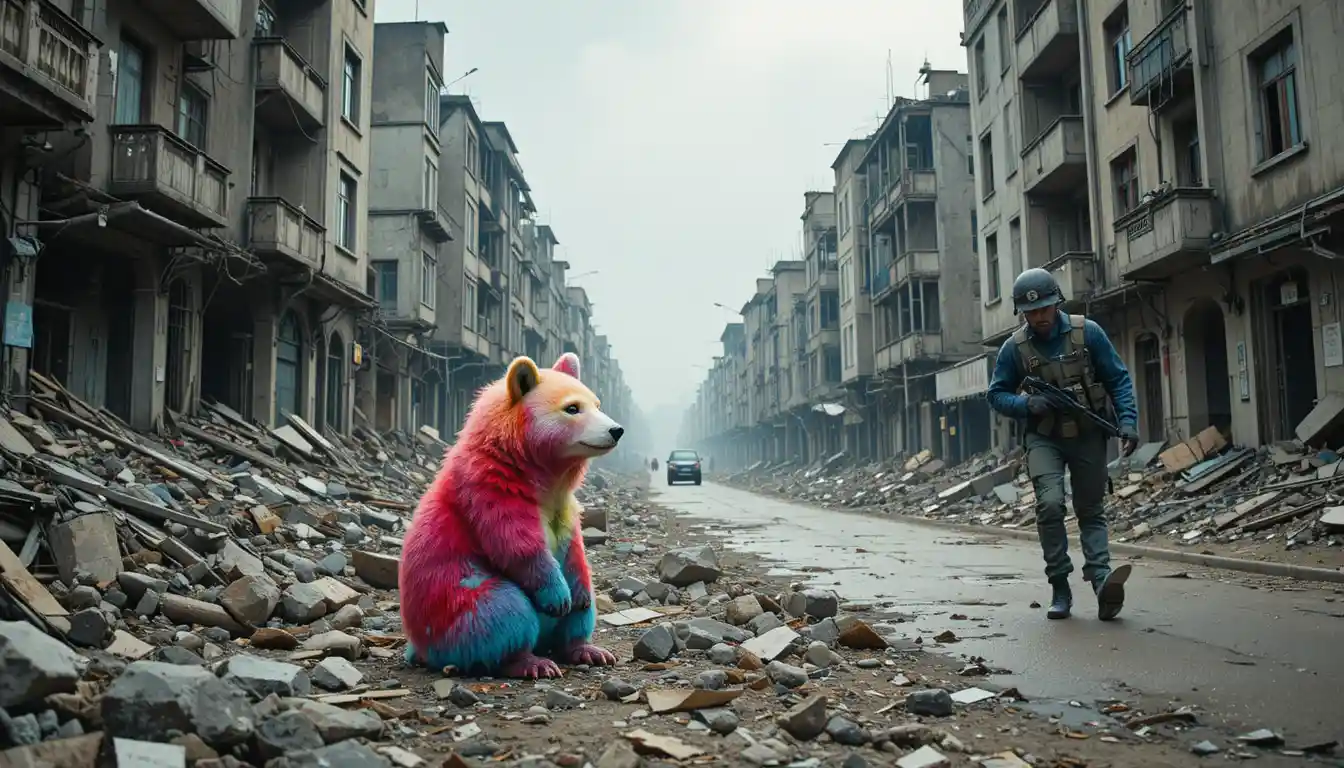 Bunter Teddybär in den Ruinen einer städtischen Kriegszone