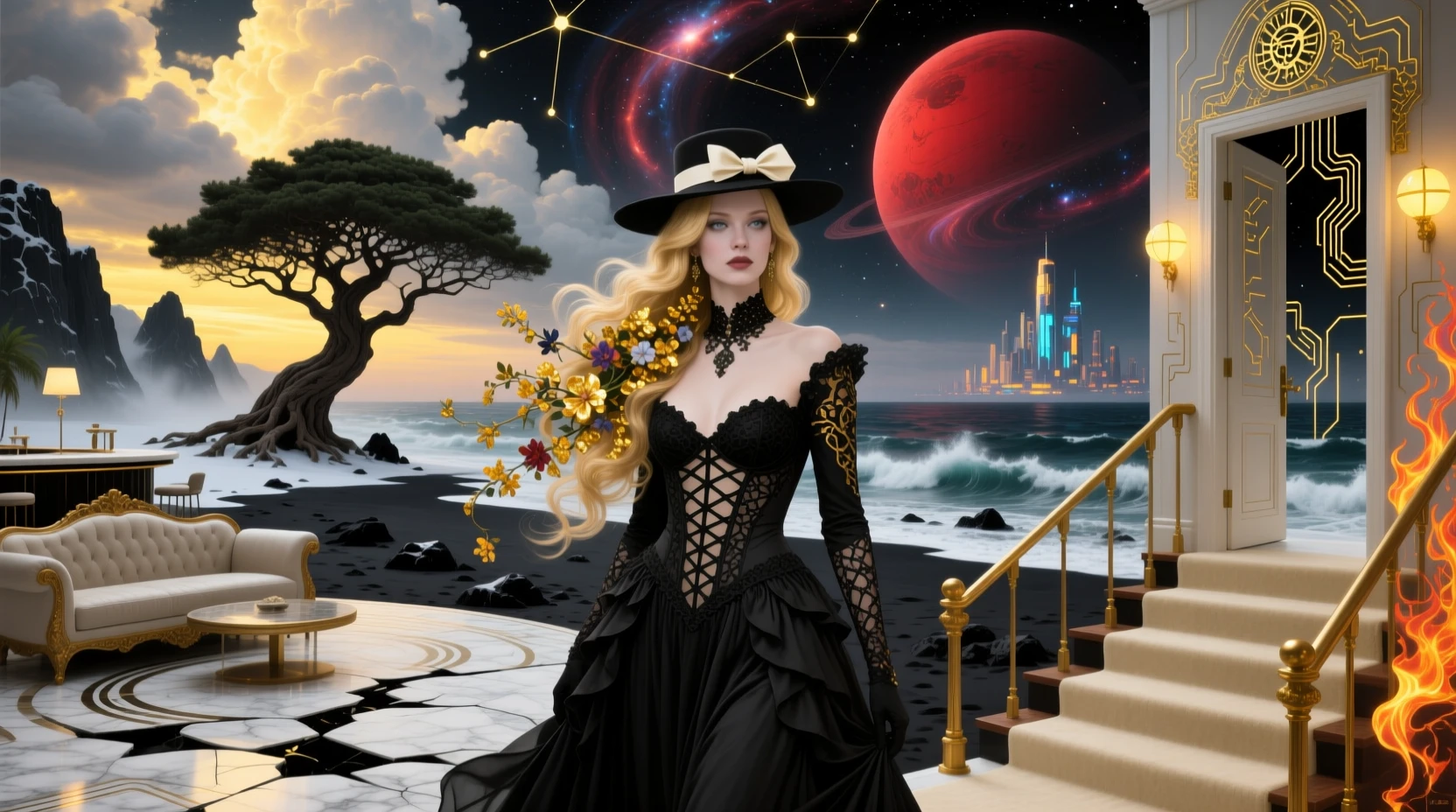 우주적인 거실 앞에 선 꽃 장식 머리의 고딕 여성