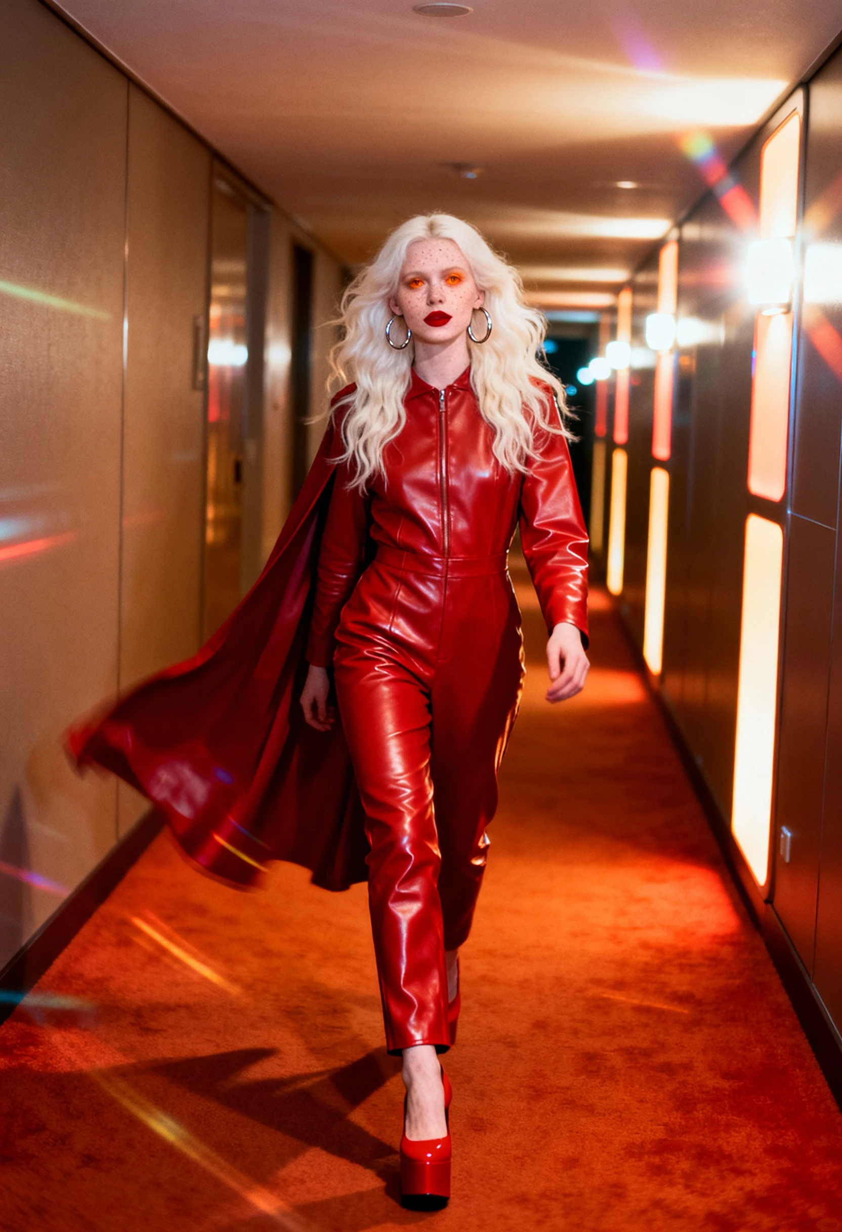 Femme albinos en cuir rouge dans un couloir rétro lumineux