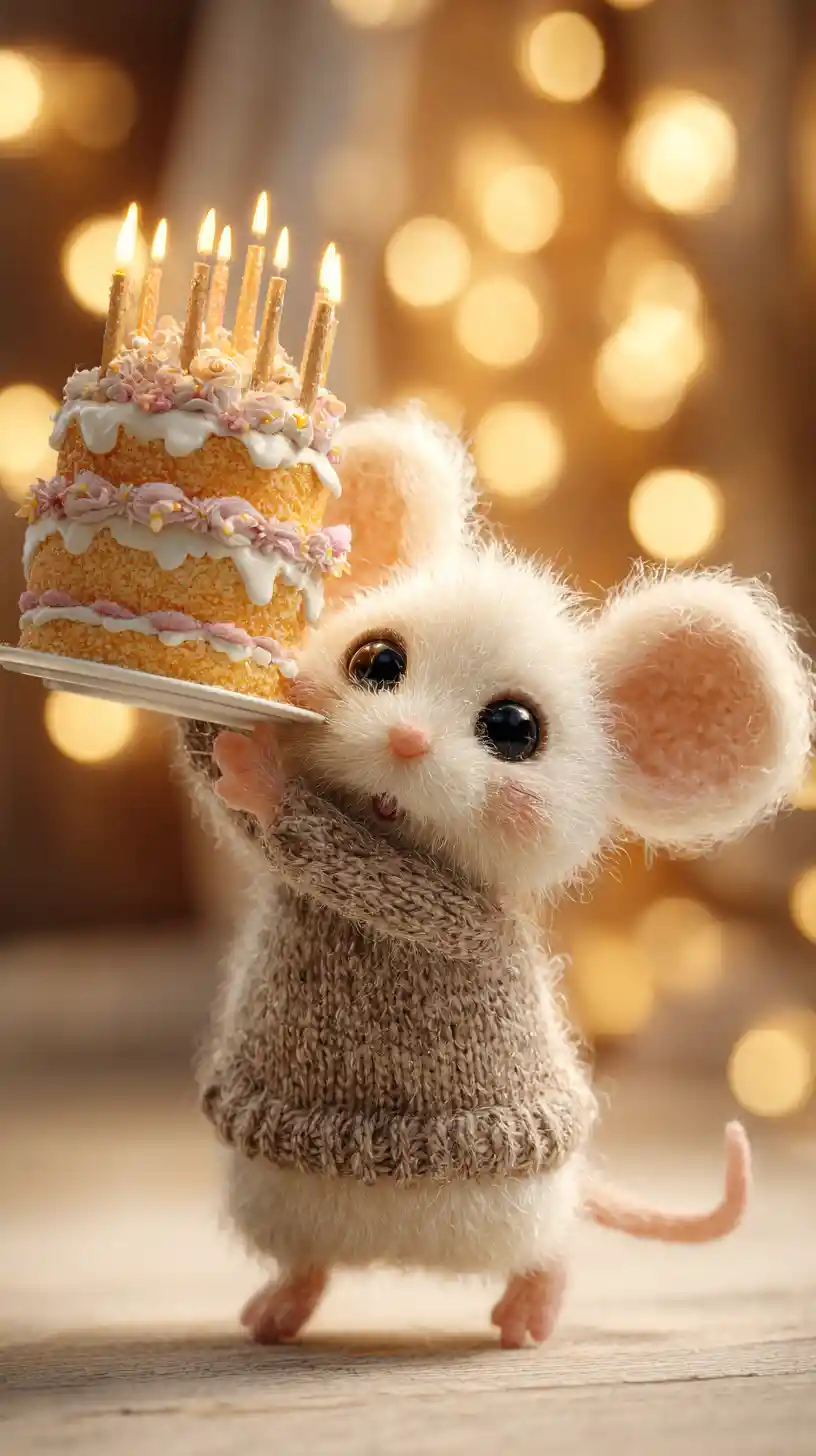 Cute tiny mouse carrying a giant glowing birthday cake