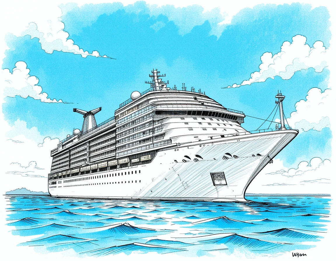 White cruise ship on calm turquoise sea under soft clouds