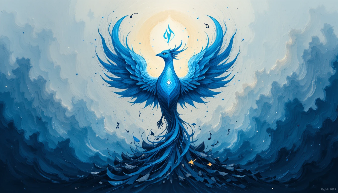 Logotipo de fênix azul erguendo-se com chamas e notas musicais