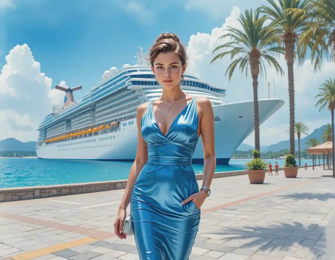 Large white cruise ship on calm turquoise sea under clouds