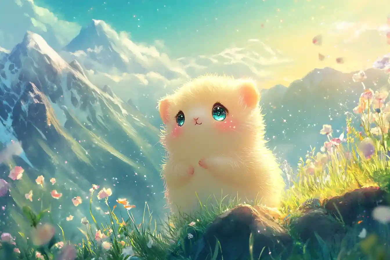 Kawaii chibi marmot whistling in a magical meadow