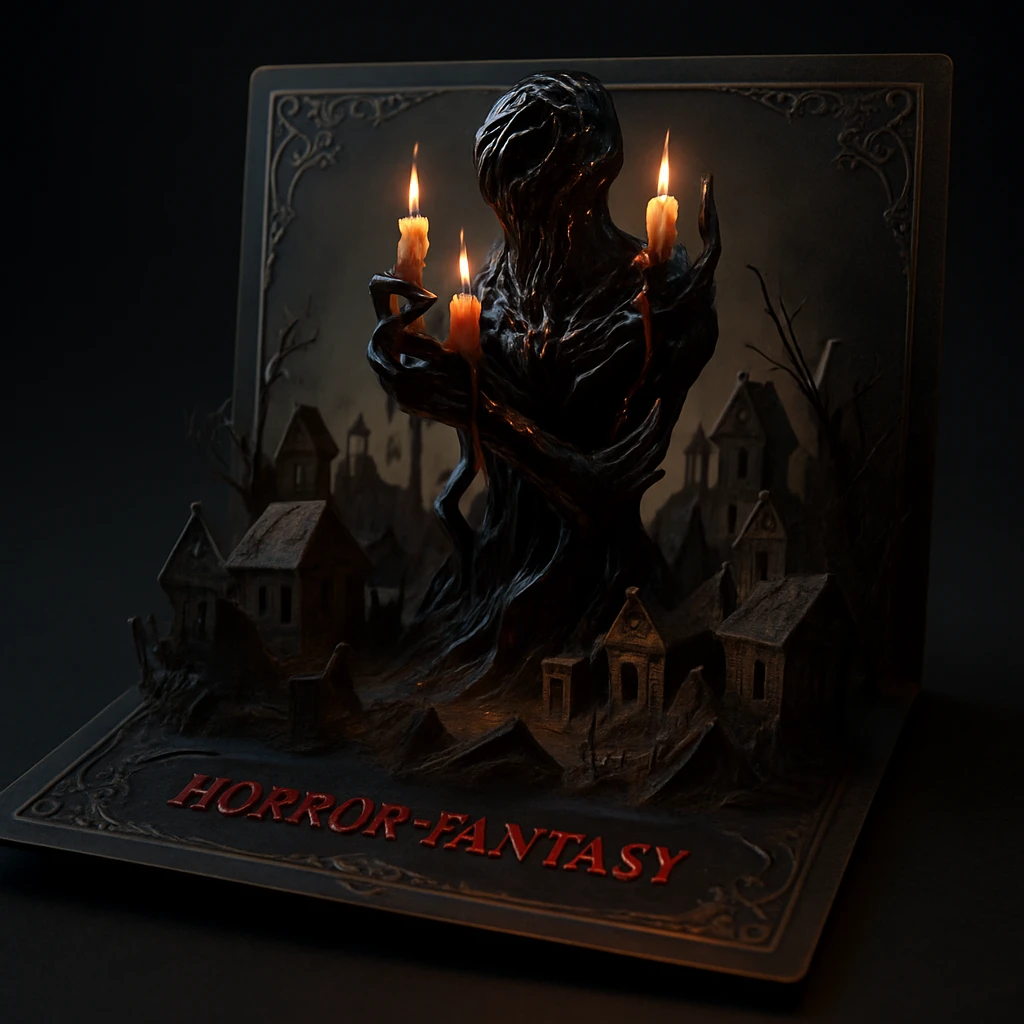 Tarjeta pop up de terror y fantasía con un monstruo de papel gigantesco