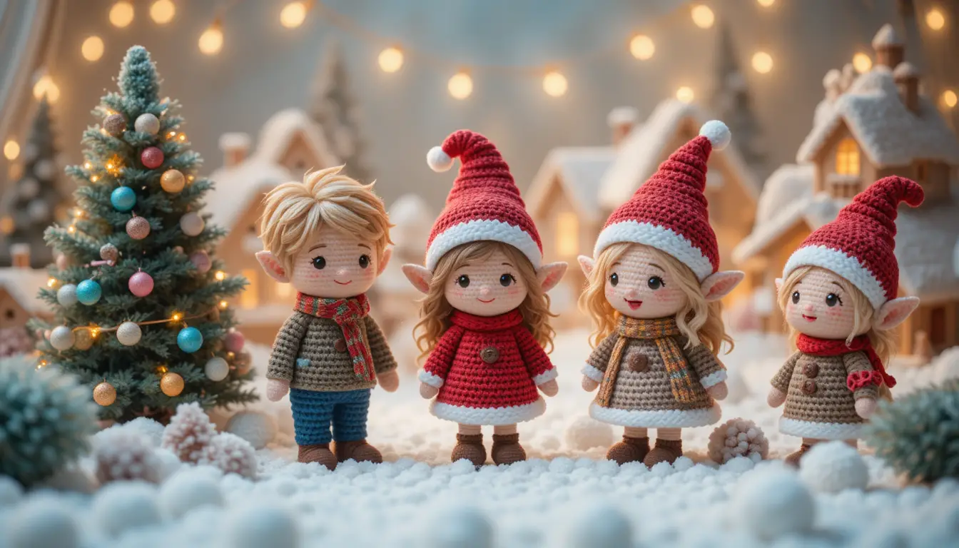 Adorables juguetes de Navidad de ganchillo en un acogedor pueblo de invierno