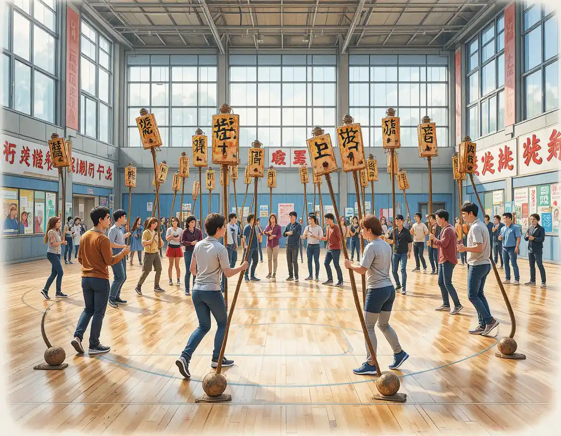 Grupo de personas jugando a las sillas musicales en un gimnasio iluminado