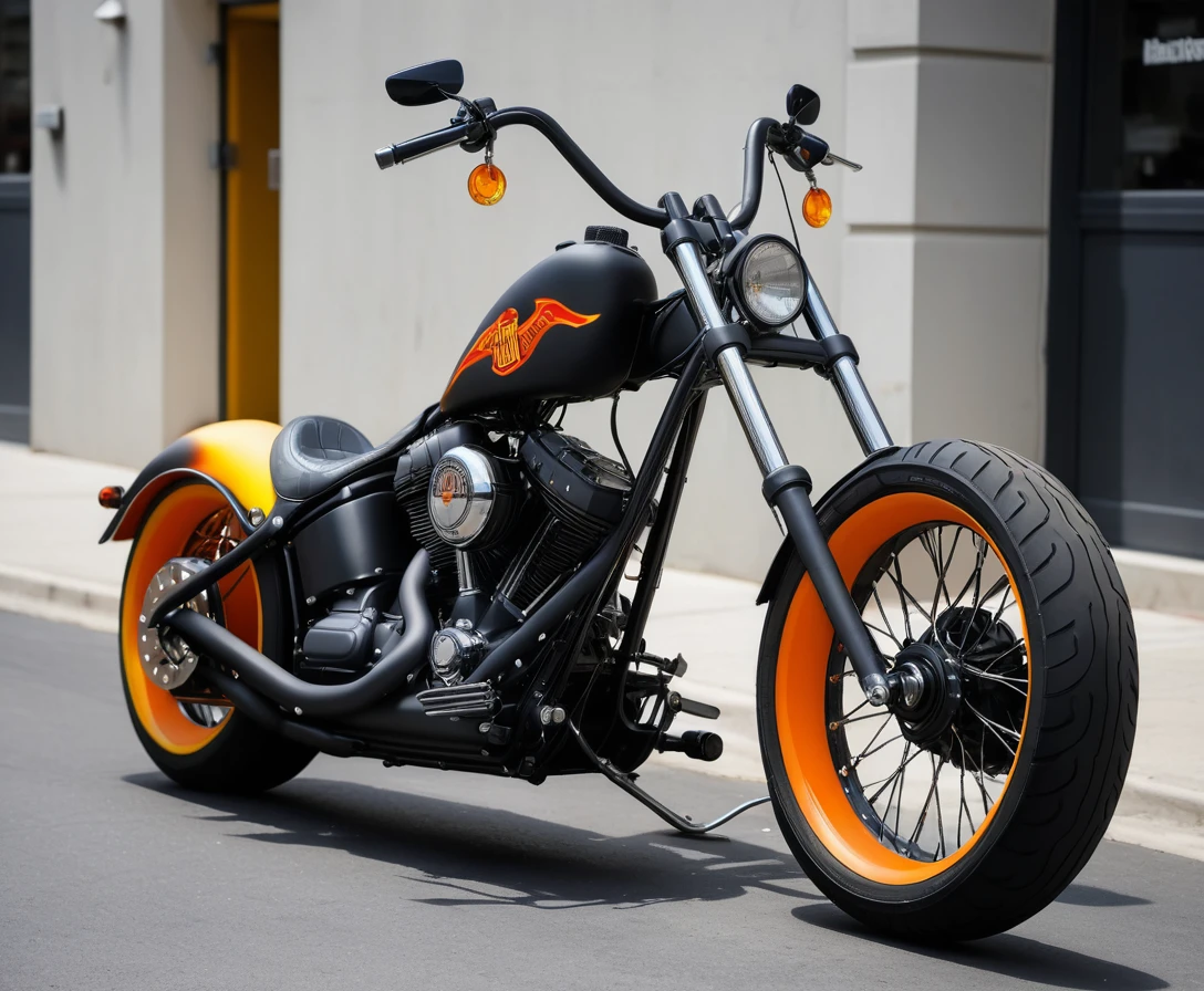 Moto chopper customizada fosca preta estacionada em rua da cidade