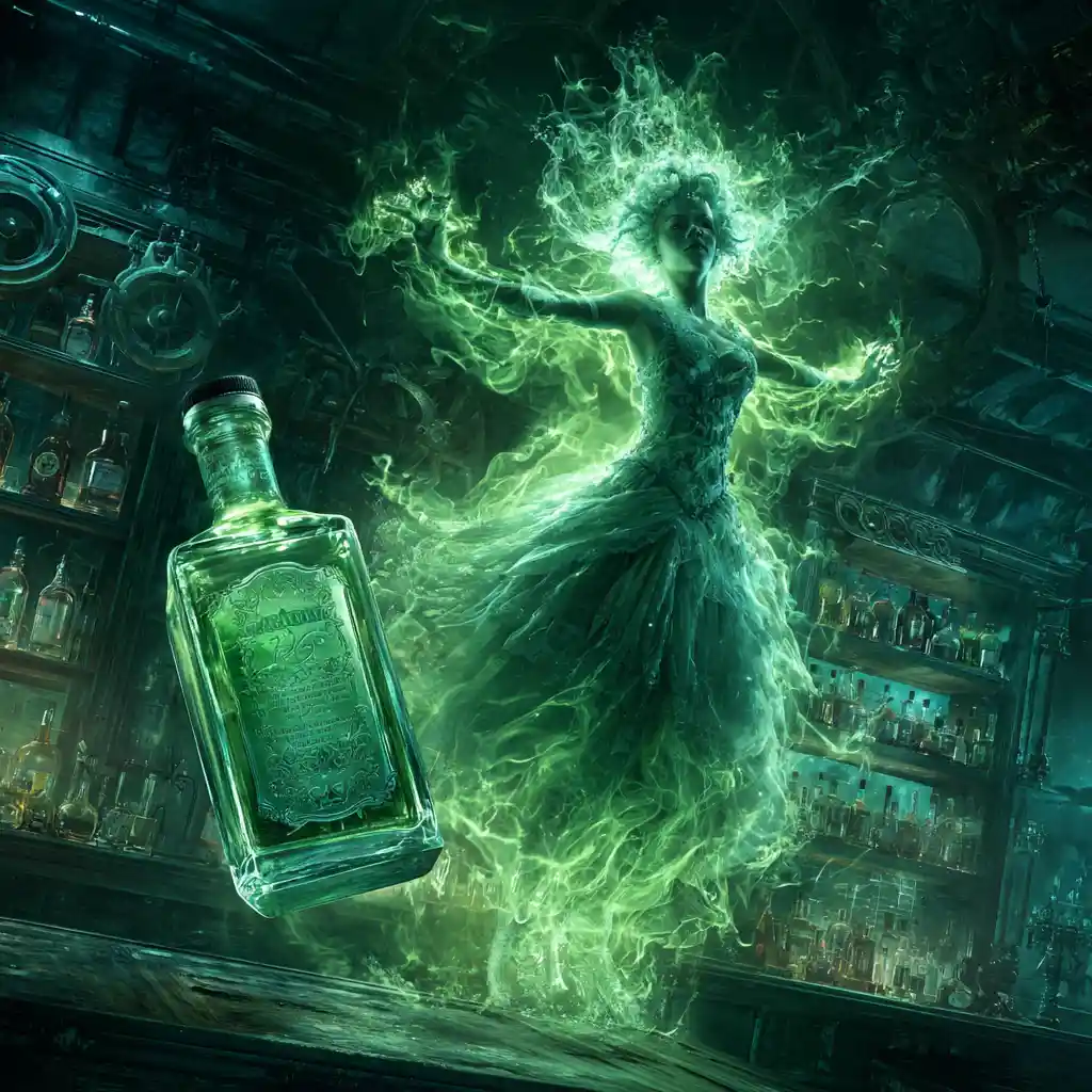 Sinistra fata verde che emerge da una bottiglia di assenzio schizzante