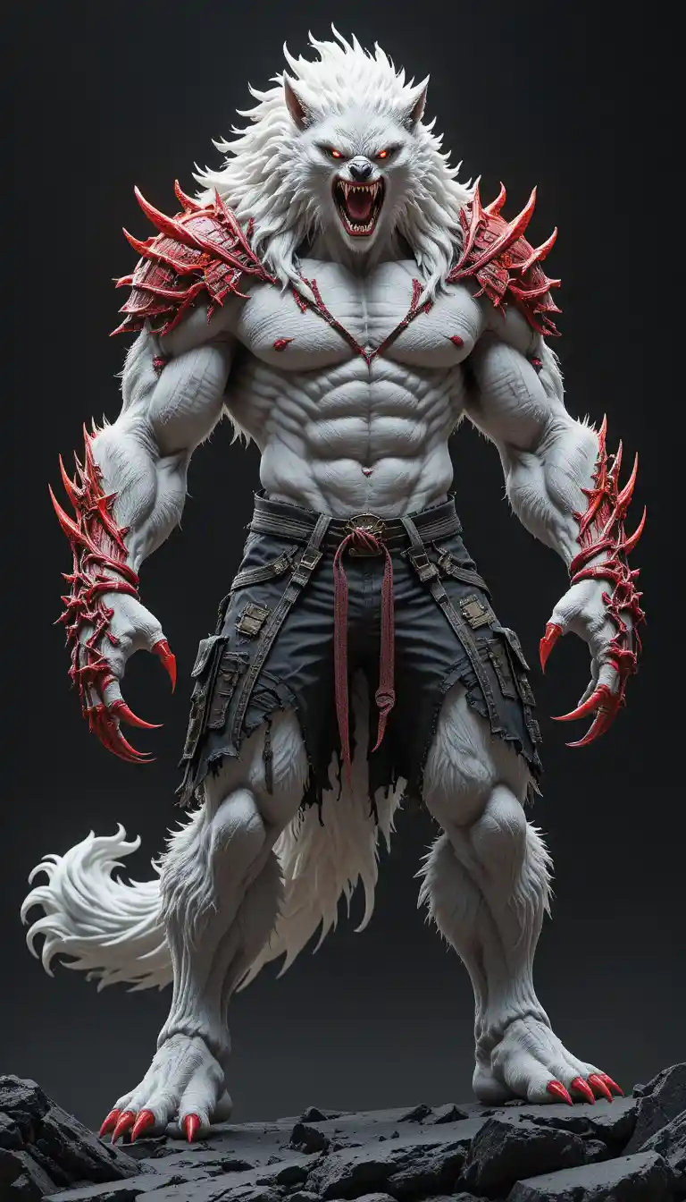 Guerrier loup-garou blanc en armure sur rocher volcanique déchiqueté