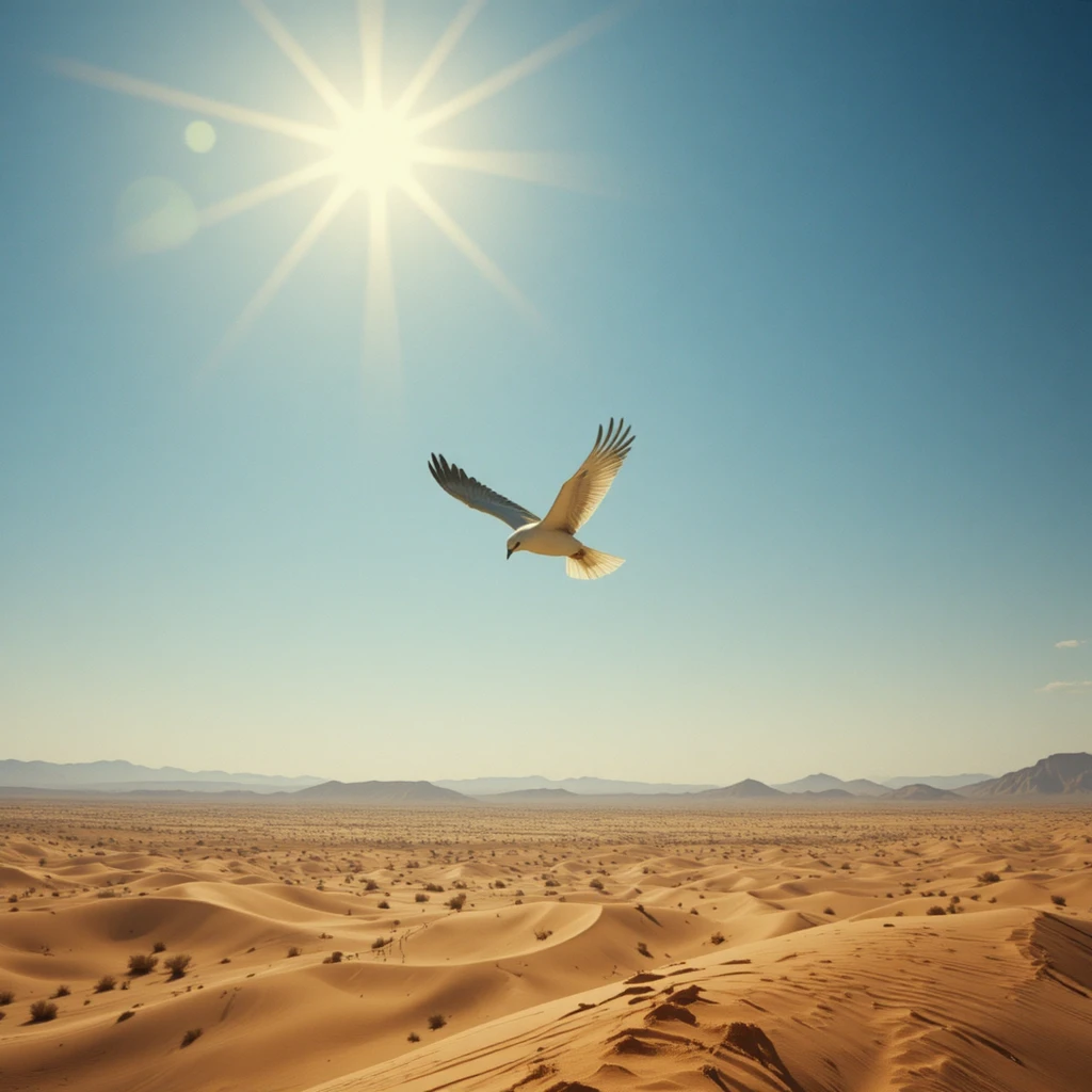 Pássaro solitário sobrevoando um vasto céu de deserto banhado de sol