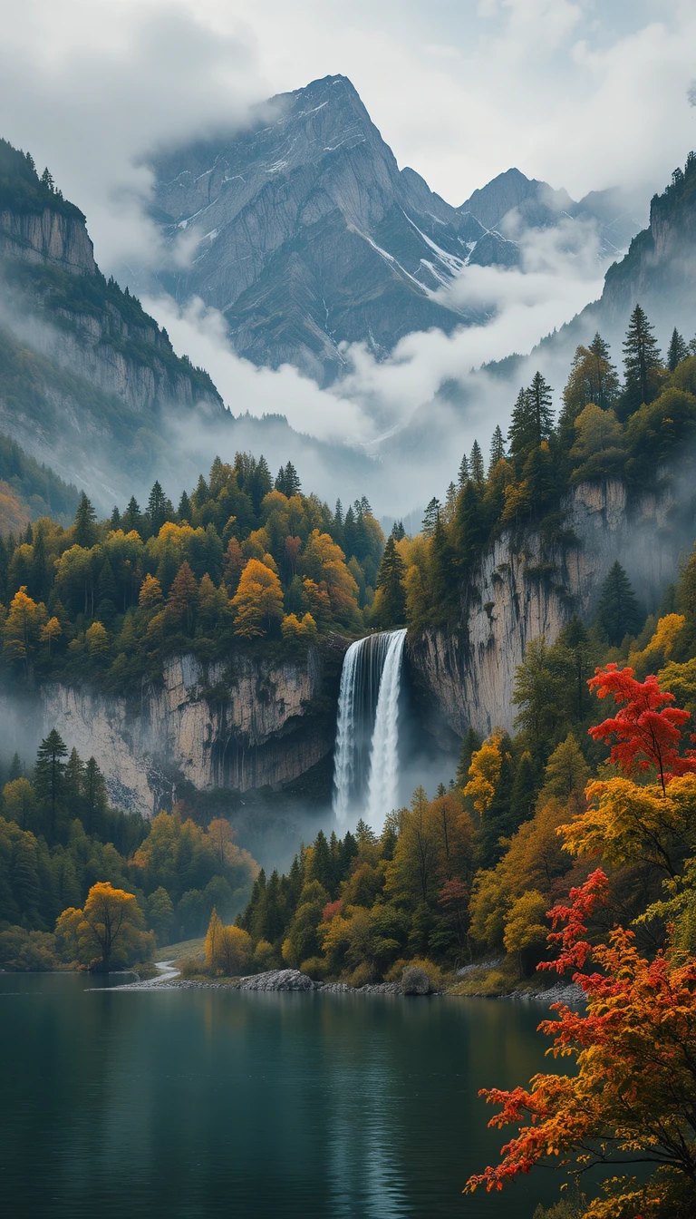 Misty mountain lake with forest and cascading waterfall