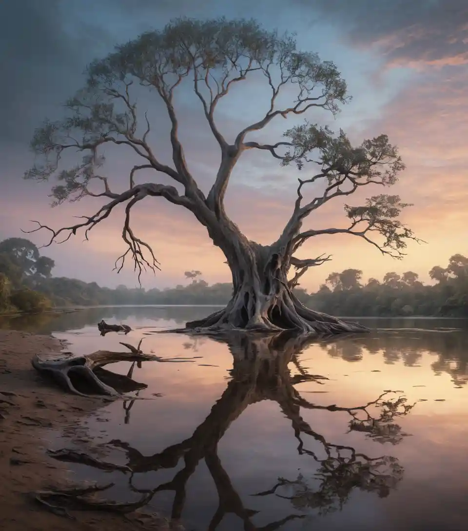 Ancient Trees On A Silent River At Soft Sunset