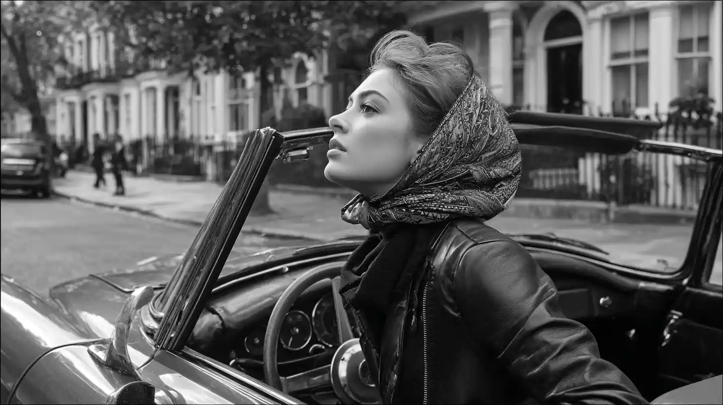 Donna con foulard seduta in una cabriolet d’epoca a Londra