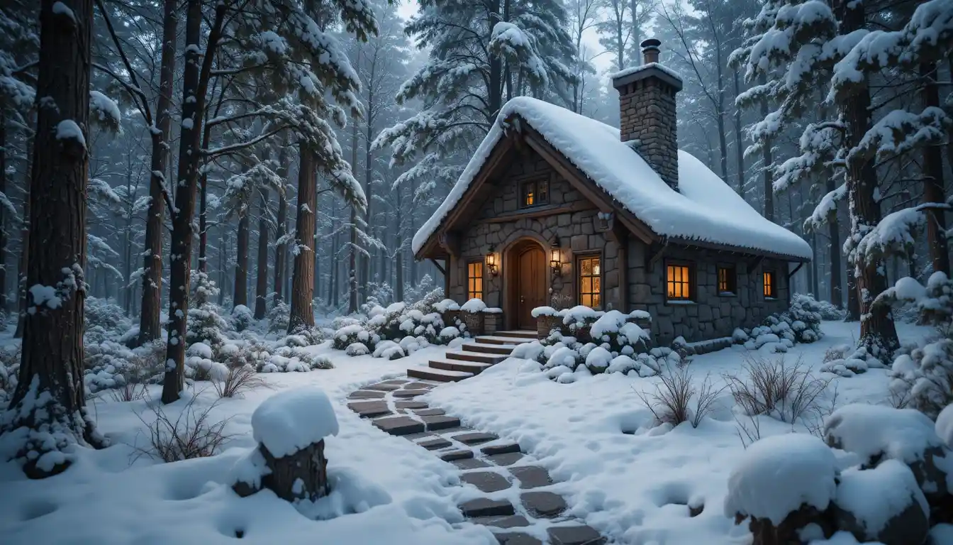 Gemütliches Steinhaus, das in einem stillen verschneiten Wald leuchtet