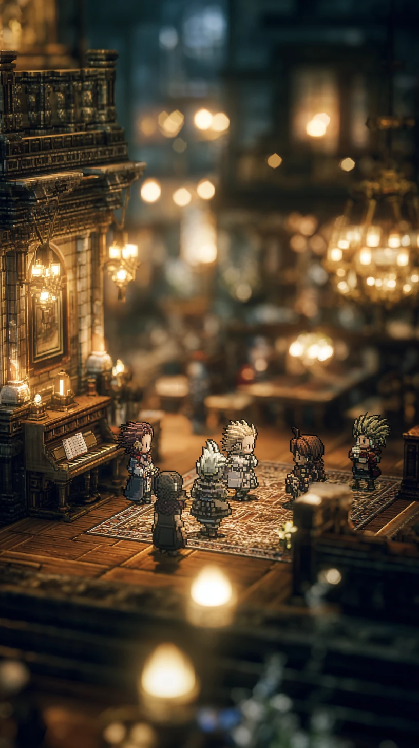 Groupe d’aventuriers jouant de la musique avec un chat dans une taverne