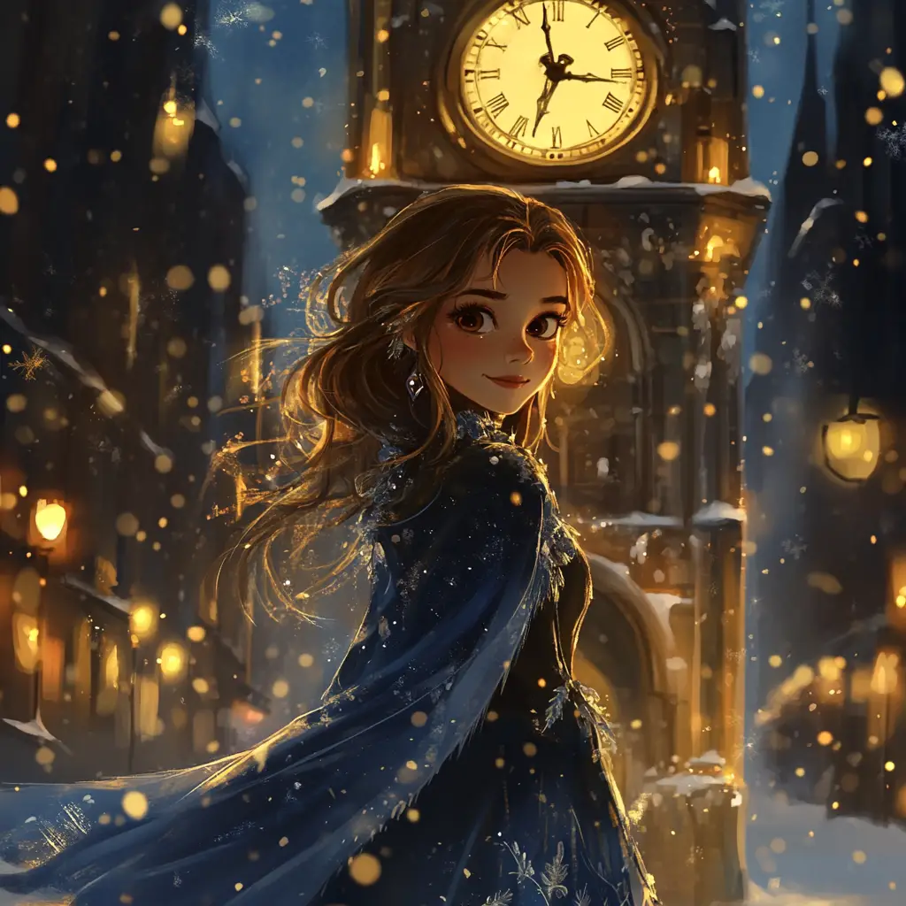 Garota de vestido azul sob a torre do relógio em rua nevada