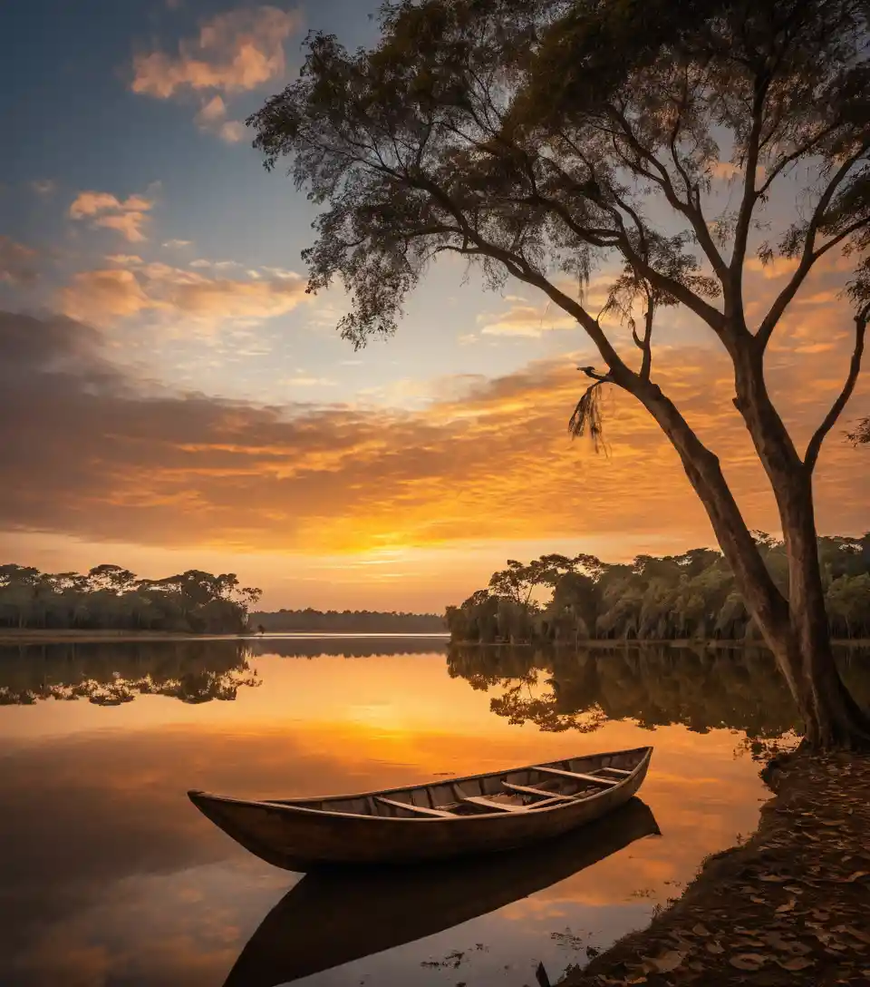 Wooden boat on calm river at warm sunset