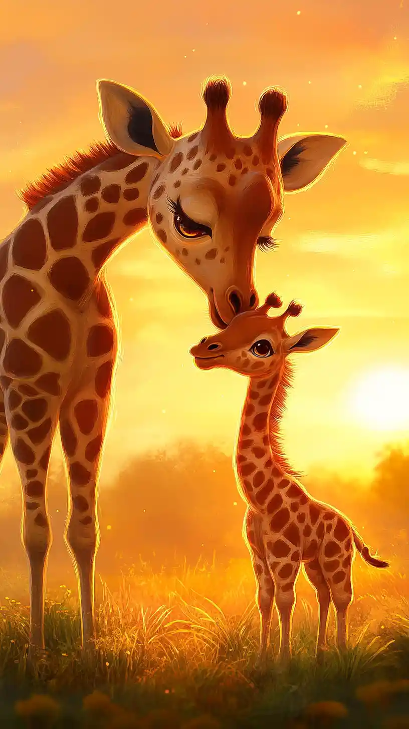 Kawaii-Giraffenmutter mit Kalb im warmen Savannen-Sonnenuntergang