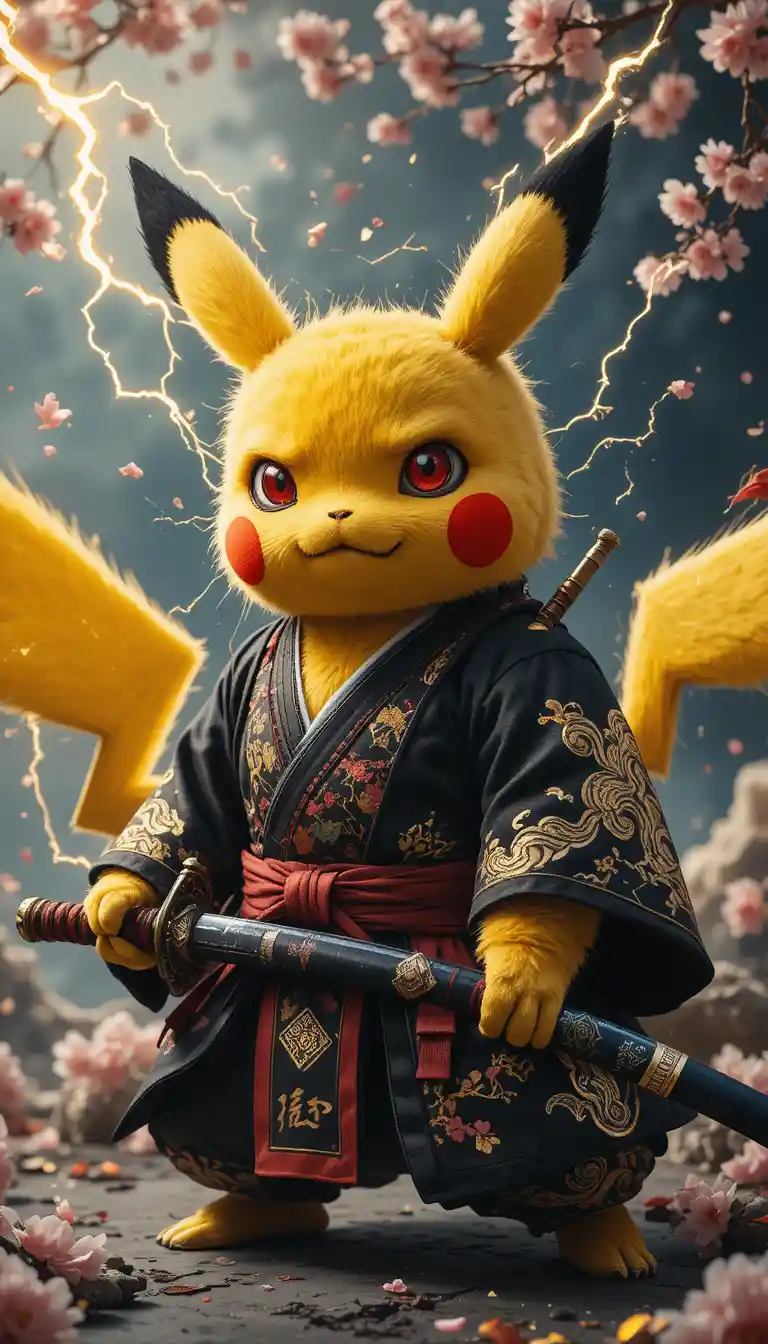 Anime electric warrior mouse in samurai kimono with katana