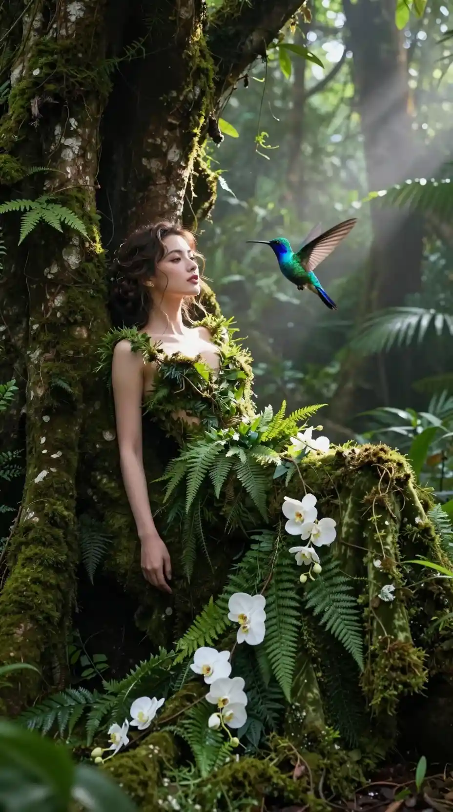 Elegant woman in green couture gown in jungle sunlight