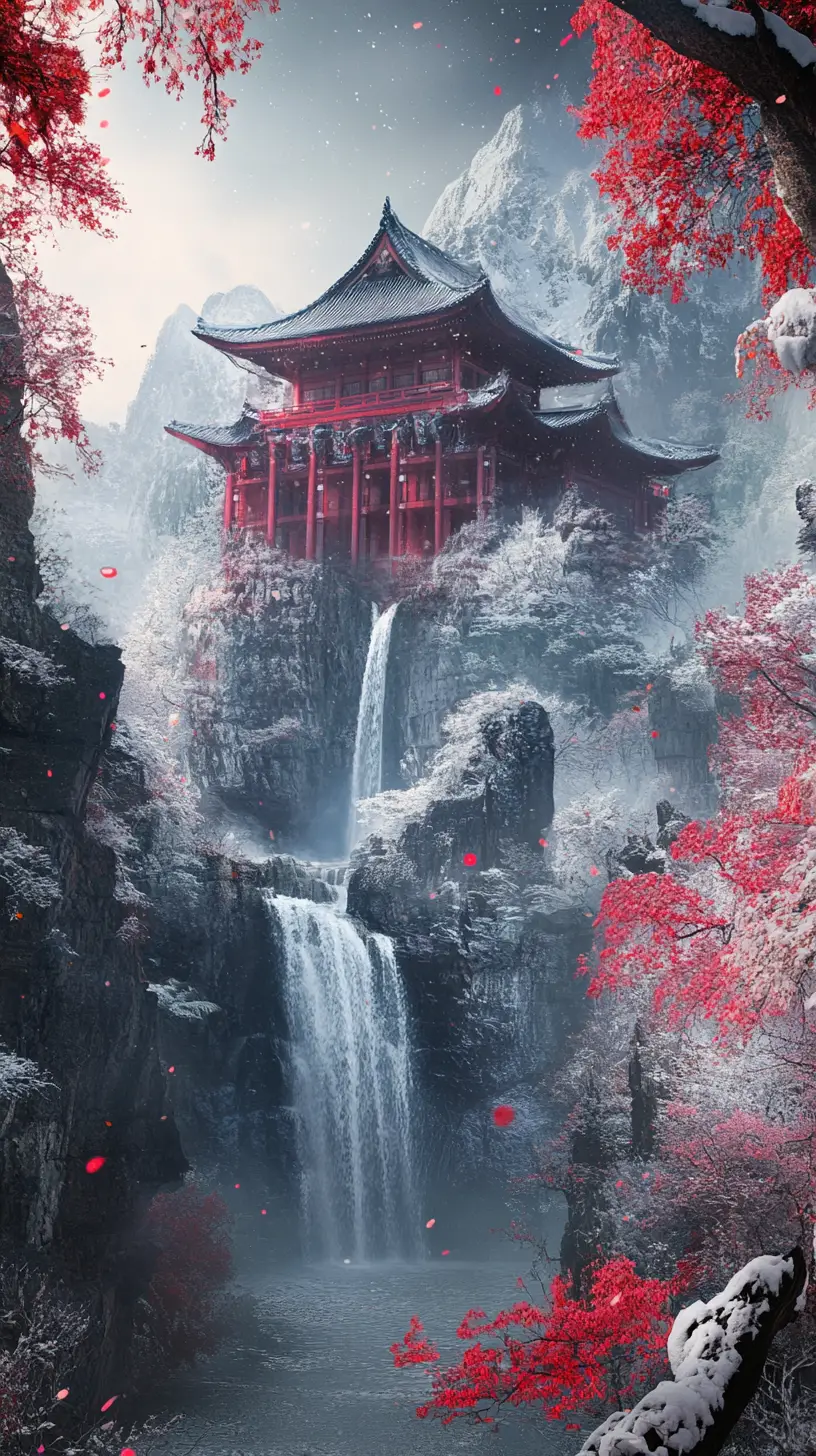 Épico palacio japonés entre cascadas y árboles cubiertos de nieve