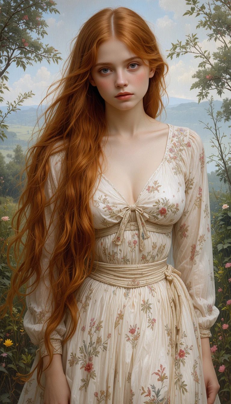 Retrato pré-rafaelita de uma bela mulher ruiva