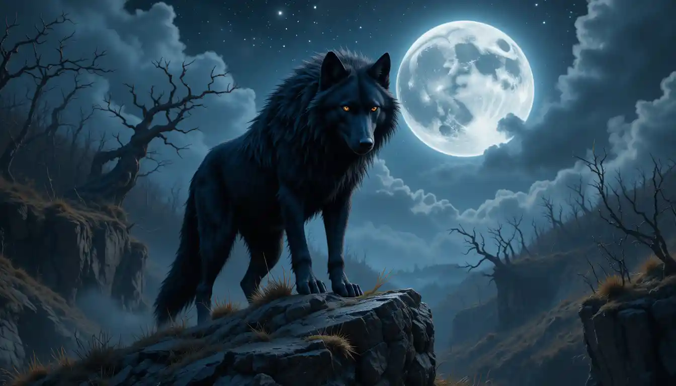 Maestoso lupo nero su una sporgenza rocciosa illuminata dalla luna