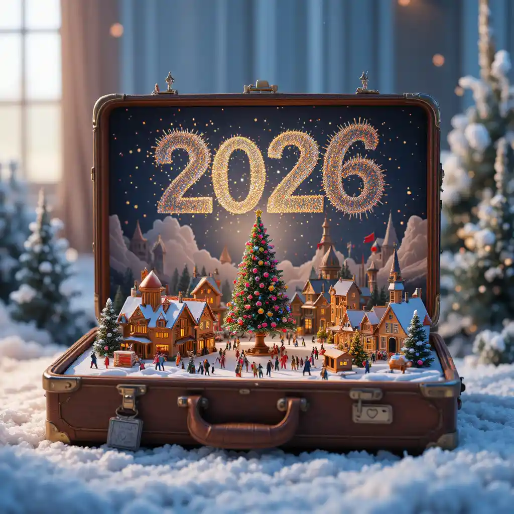 Mágico pueblo navideño en miniatura dentro de una maleta abierta