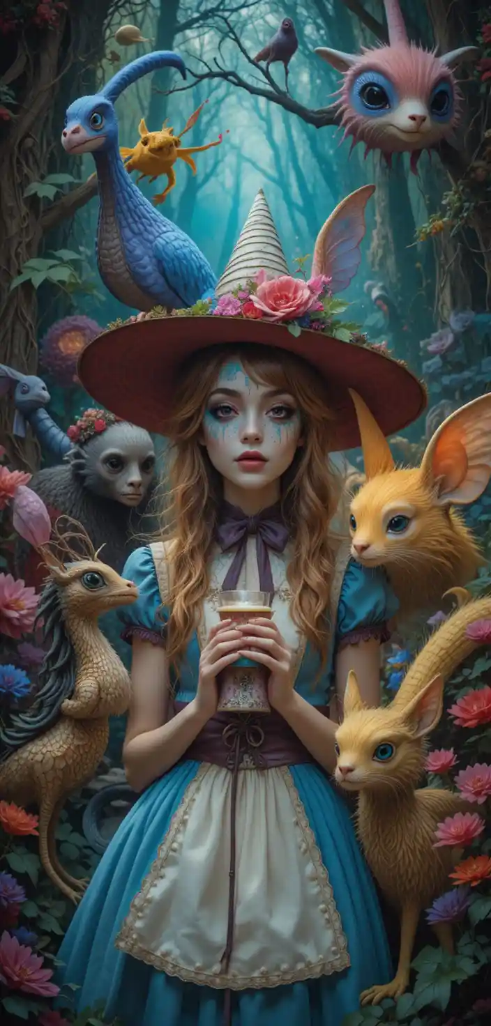 Personagens de fantasia dos anos 80 em um mundo surreal e colorido
