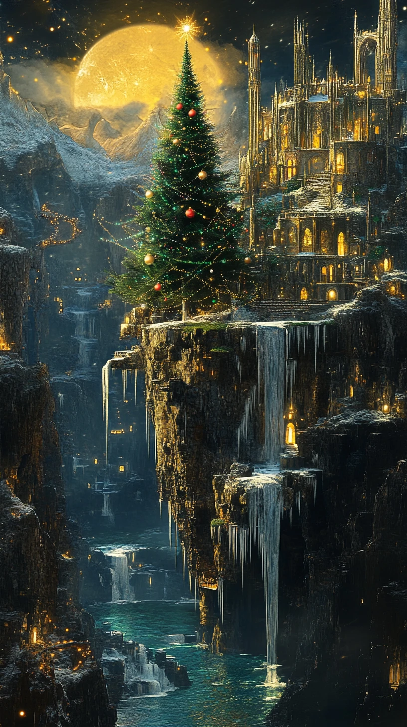 Maestosa città fantasy invernale con monastero al chiaro di luna e fiume